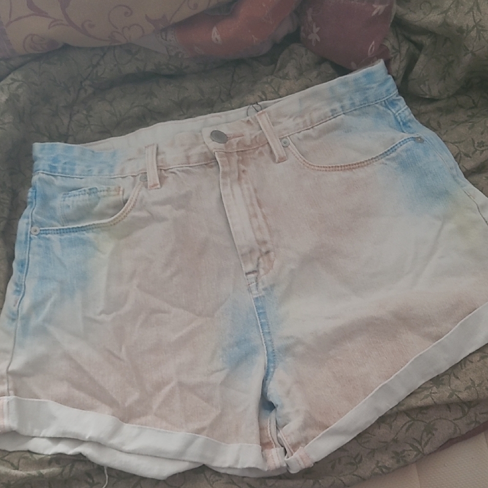 Blank NYC Blue and Pink Jean Shorts Distressed Mid-Length